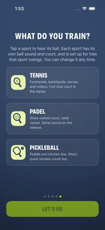 Selector de deporte con Tenis, Pádel y Pickleball, cada uno con su pista y su raqueta