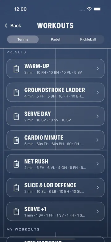 Pantalla de Entrenamientos con los predefinidos de tenis: Warm-up, Groundstroke Ladder, Serve Day, Cardio Minute, Net Rush, Slice and Lob Defence
